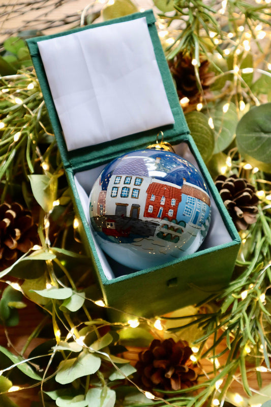 East Neuk Scottish Christmas decoration bauble with colorful town scene in velvet gift box