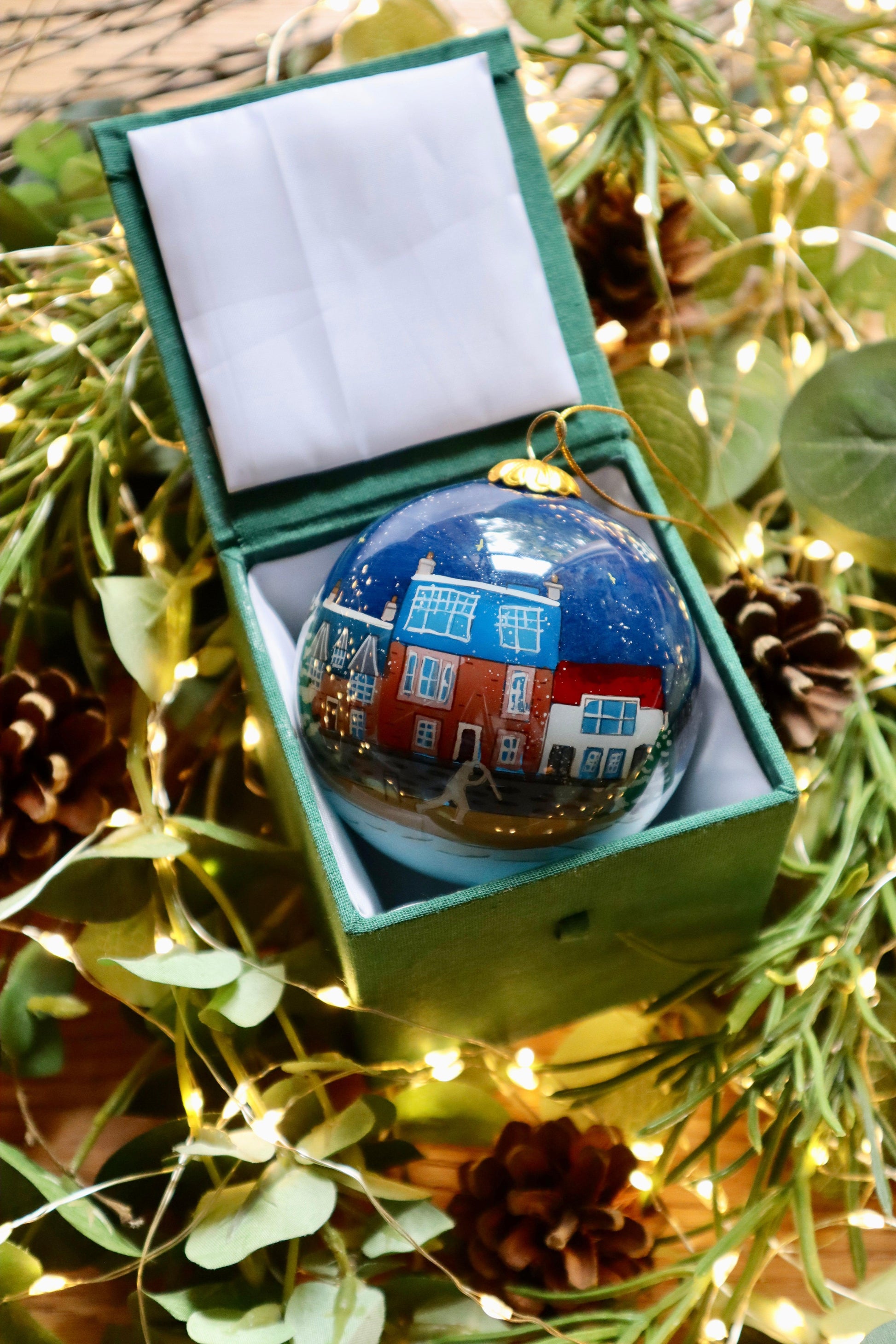 East Neuk Scottish Christmas Decoration Bauble with painted colorful houses scene