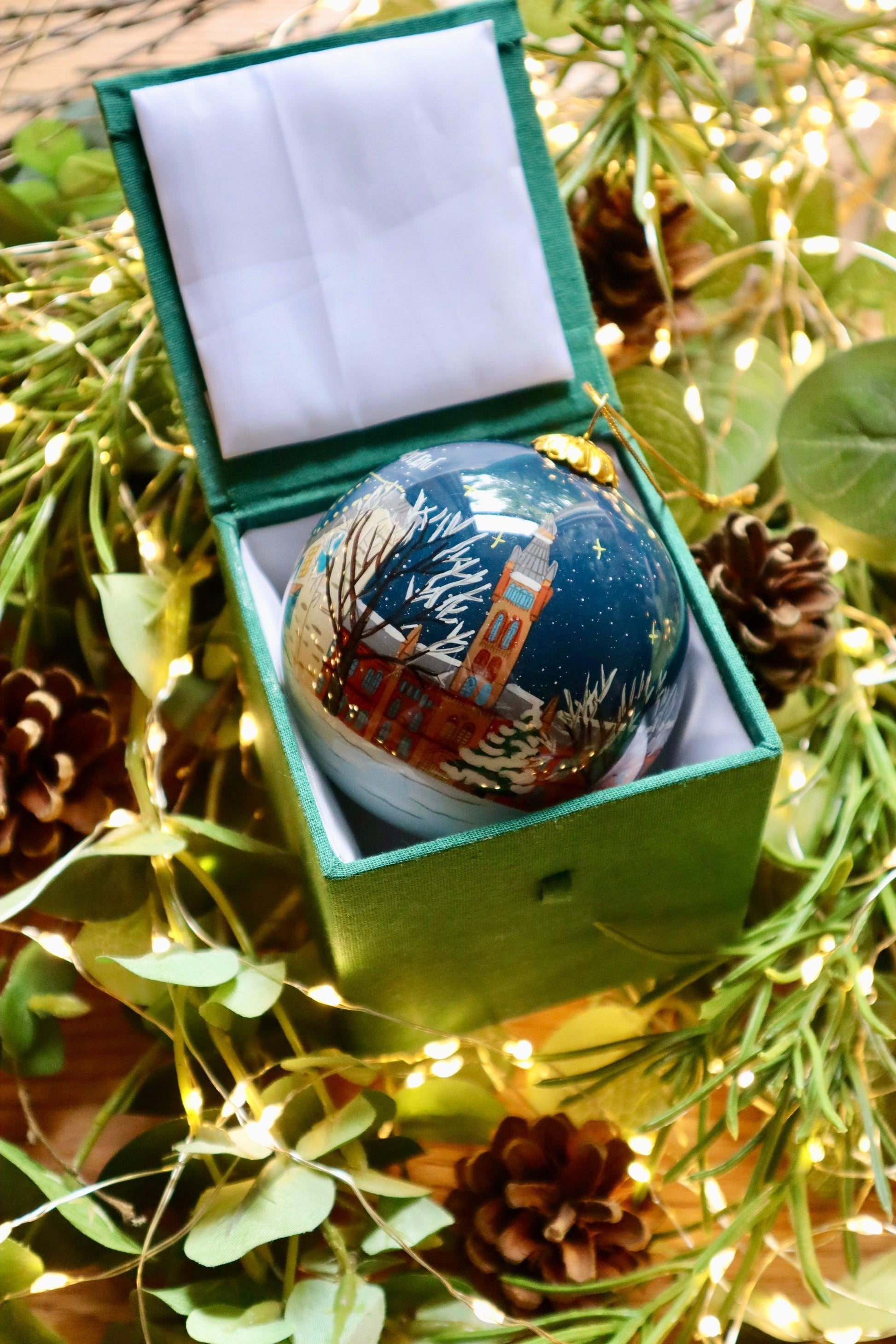 Festive Scottish Christmas decoration bauble in green velvet gift box from Glasgow’s West End