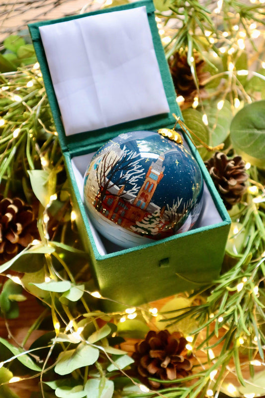 Festive Scottish Christmas decoration bauble in green velvet gift box from Glasgow’s West End